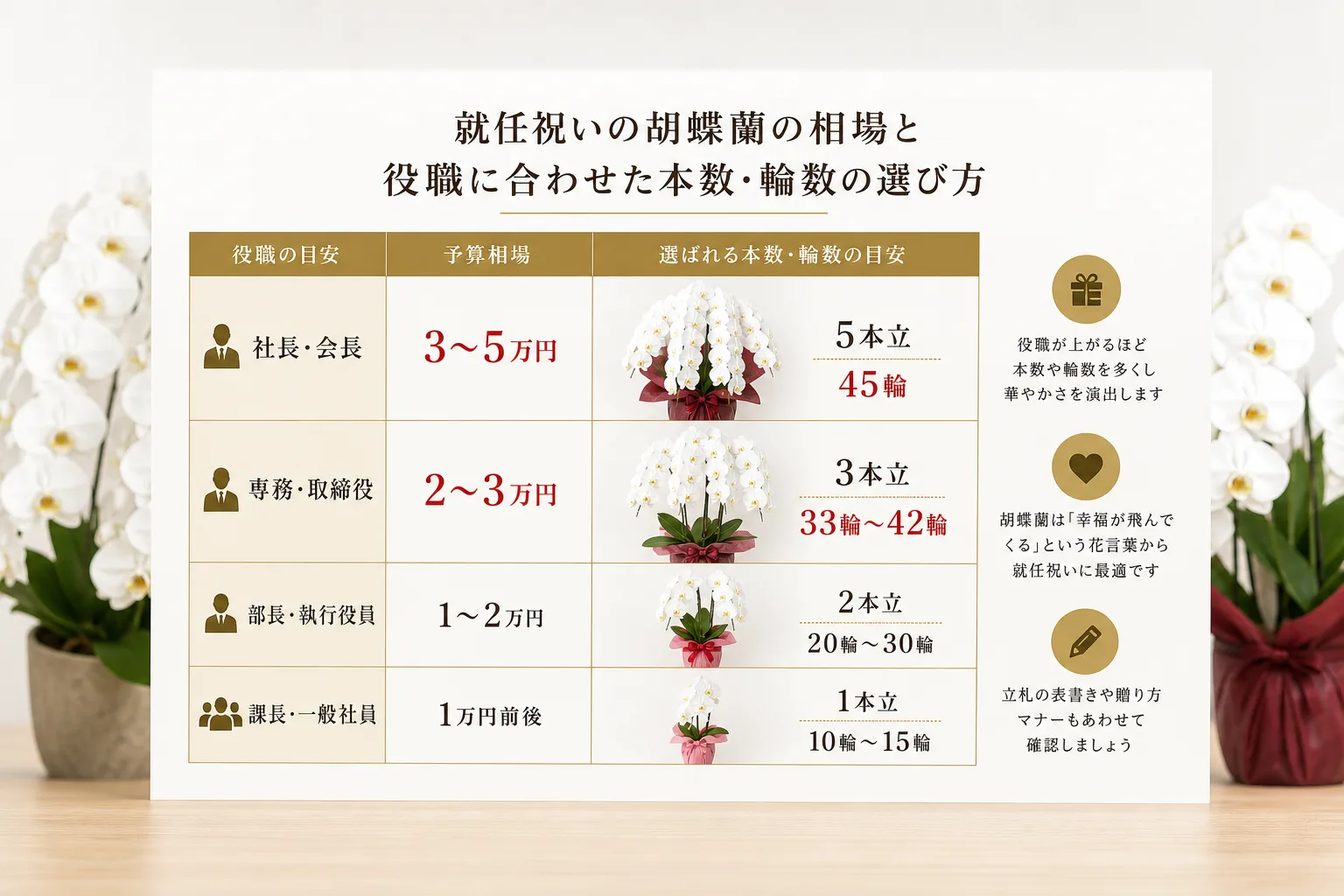 役職ごとの価格帯と推奨される胡蝶蘭の本立ち・輪数をまとめた一覧チャート