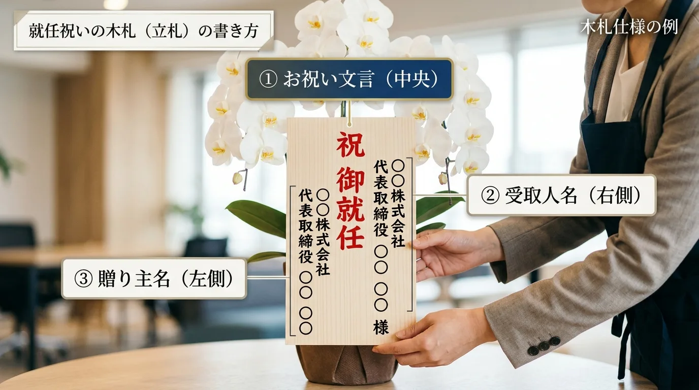 中央にお祝い文言、左右に受取人名と贈り主名が美しく配置された木製立札のレイアウト例