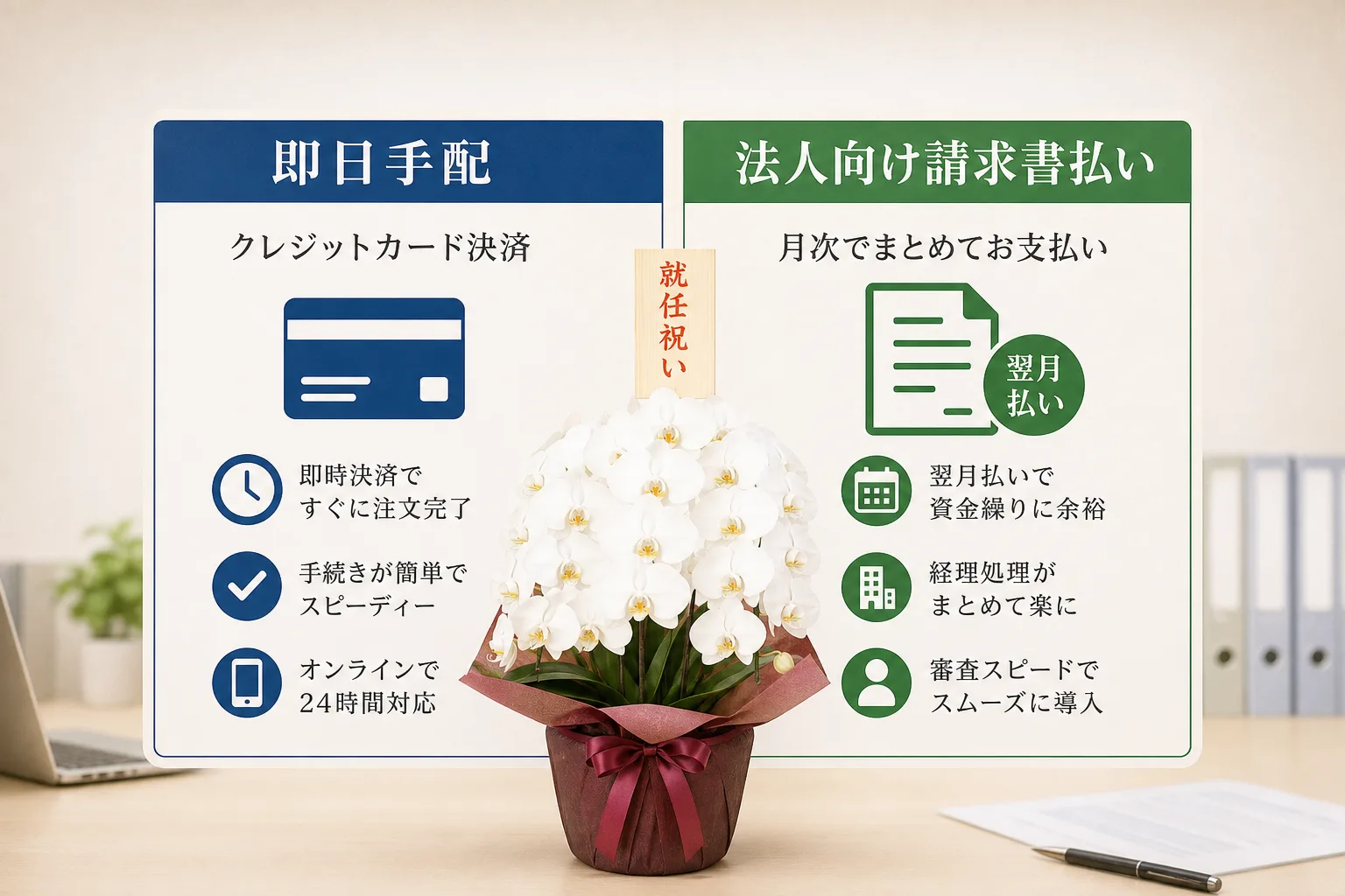 法人請求書払いと一般的な支払い方法の納期や社内稟議手続きのスムーズさを比較した表