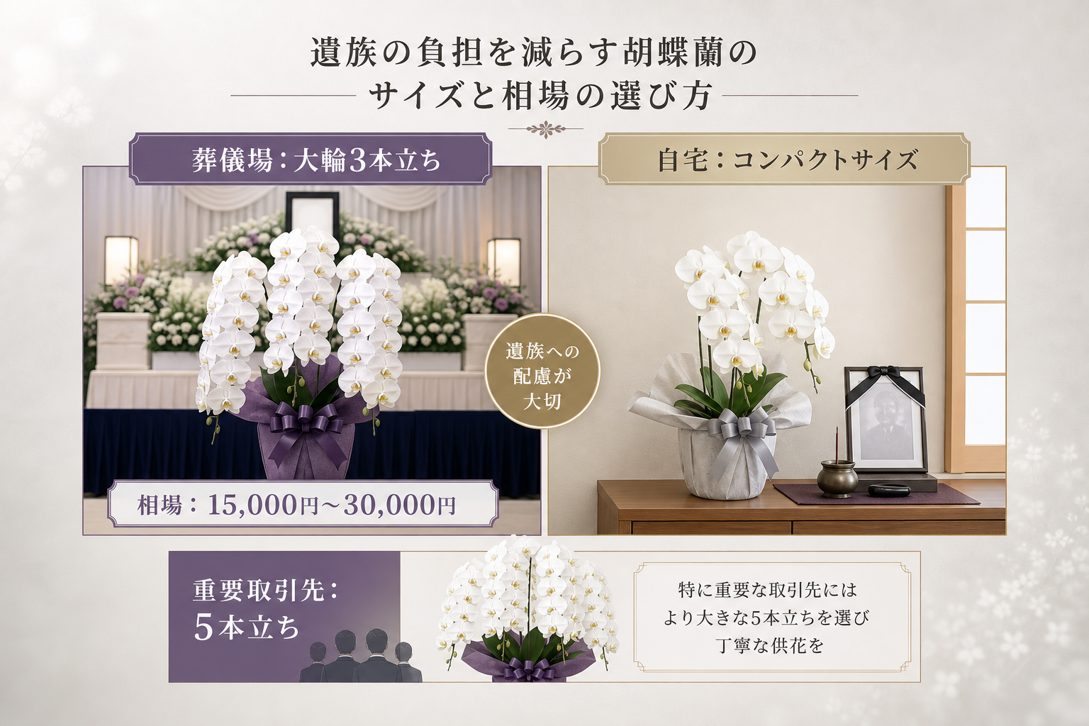 【比較表】遺族の負担を減らす胡蝶蘭のサイズや相場の選び方は？
