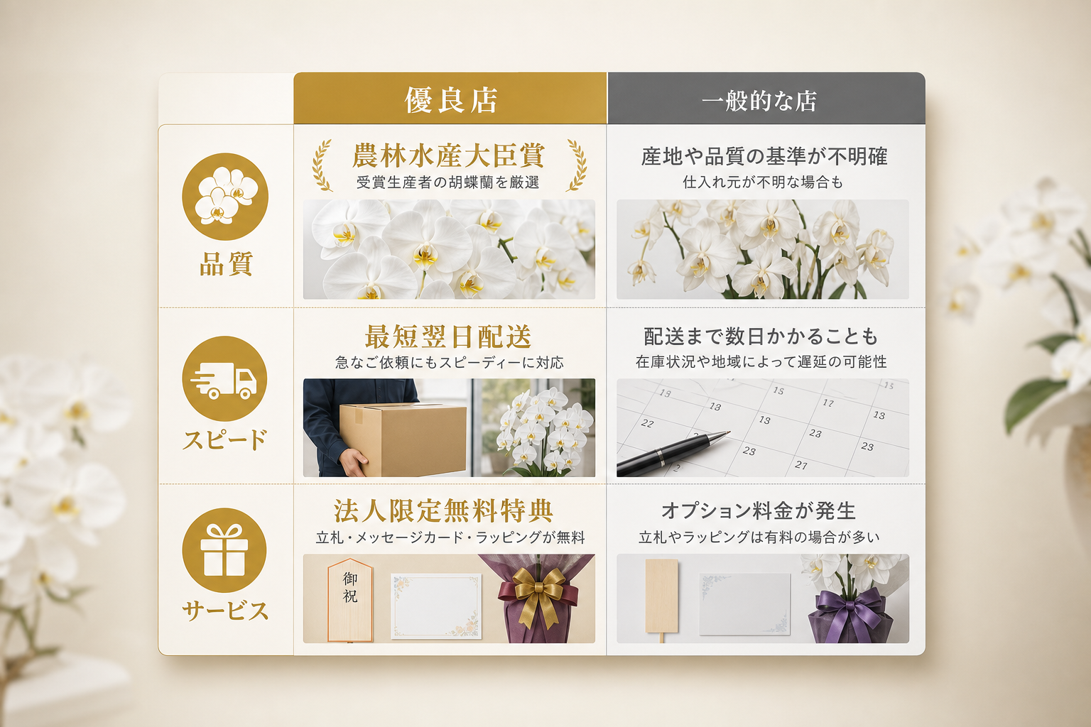 法人向け胡蝶蘭通販を比較する際に重視すべき3つの選定基準とは？