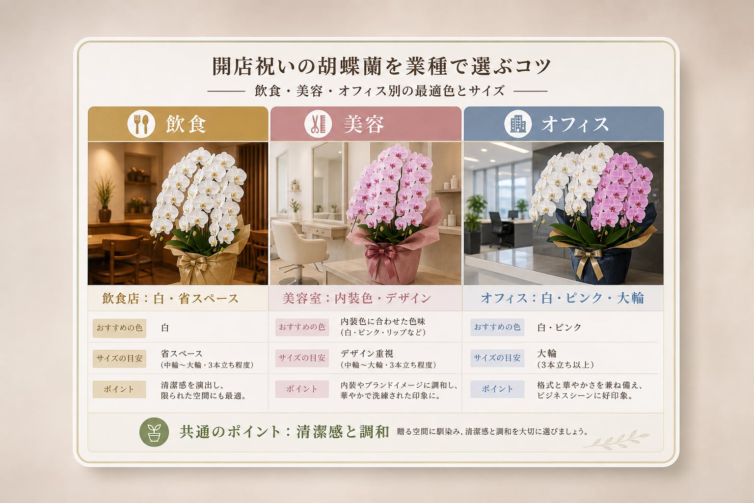 開店祝いの胡蝶蘭を業種で選ぶコツは？飲食・美容・オフィス別の最適色とサイズ