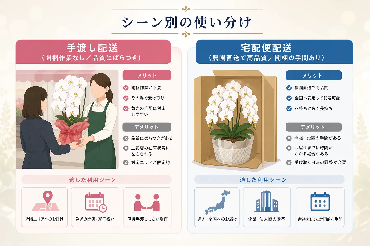 胡蝶蘭の手渡し配送と宅配便配送の特徴、メリット、注意点、適したシーンを左右で比較した分かりやすい対比表
