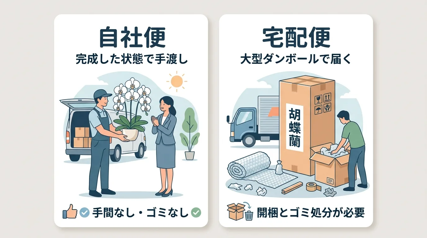 手渡しですぐ飾れる自社便の様子と、和紙やテープで固定された大型段ボールから取り出す宅配便の仕組みを対比した図解イラスト