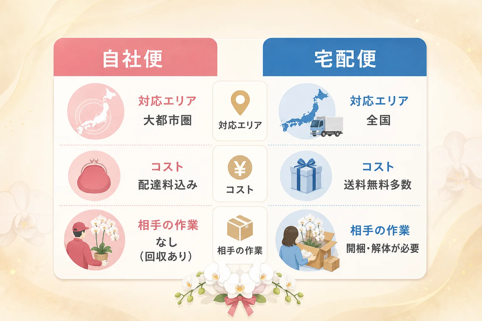 自社便と宅配便の配送エリア、料金構造、相手側の開梱やゴミ処理負担の違いを整理した比較表のイラスト
