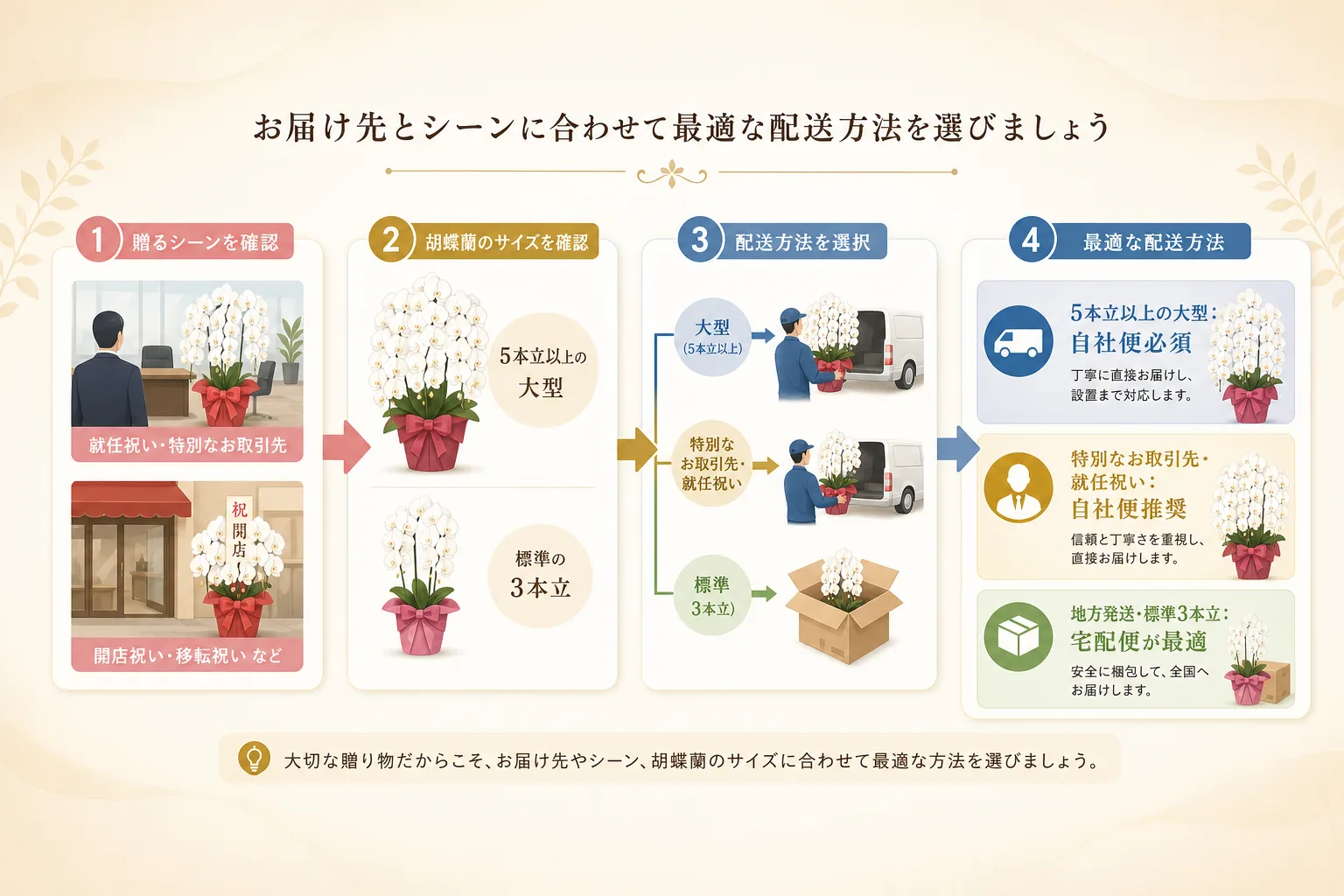 胡蝶蘭の輪数サイズや相手先の状況から最適な配送方法を判定できる選択フローチャートの図解イラスト