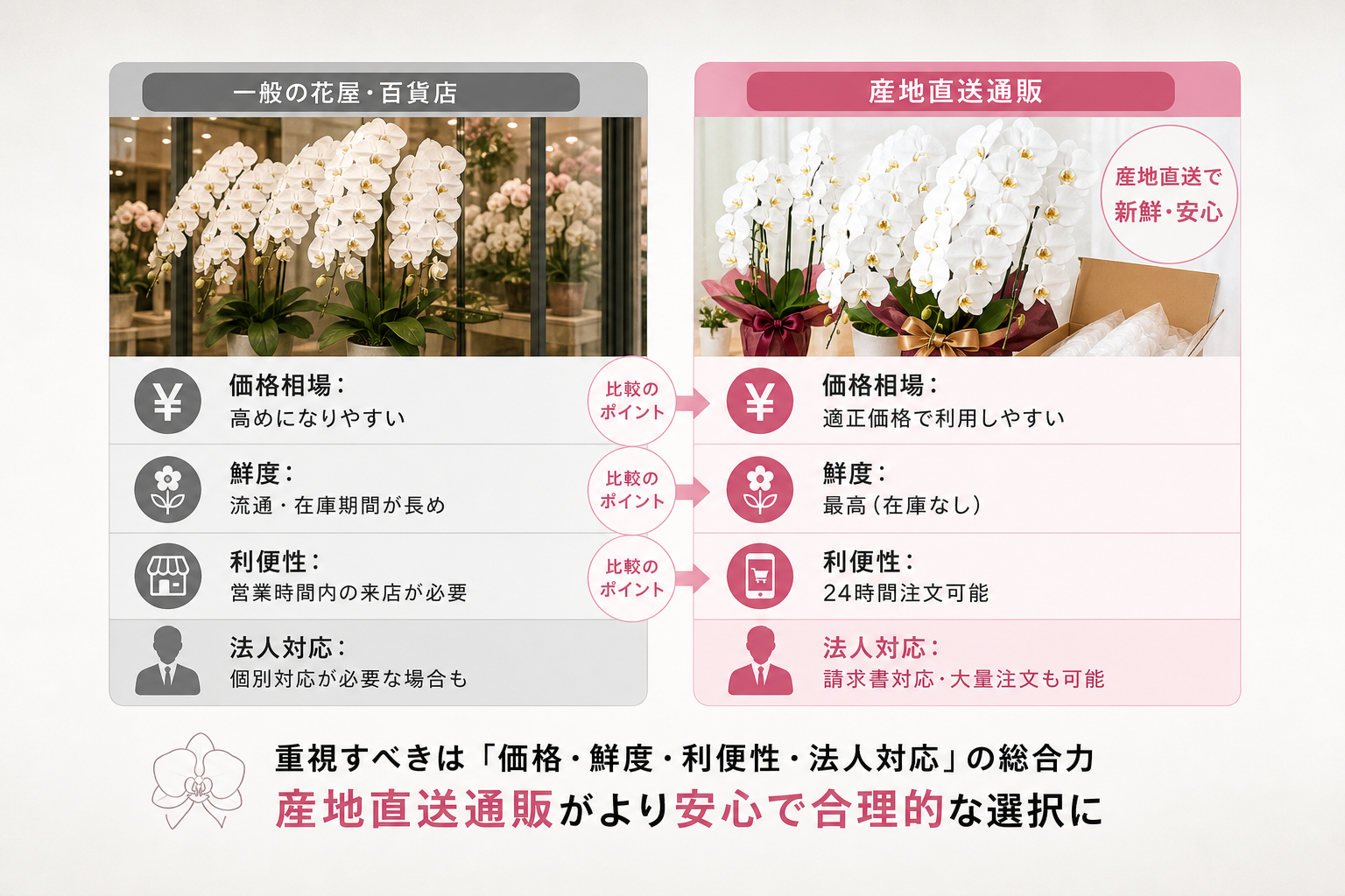 一般の花屋と産地直送通販を比較して重視すべき選択基準とは？
