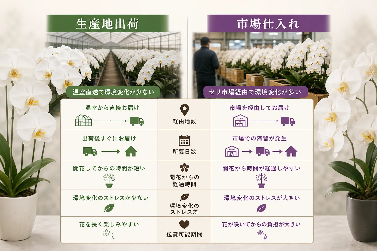 胡蝶蘭の生産地出荷と市場仕入れにおける流通日数や鑑賞期間の違いをまとめた比較表の図