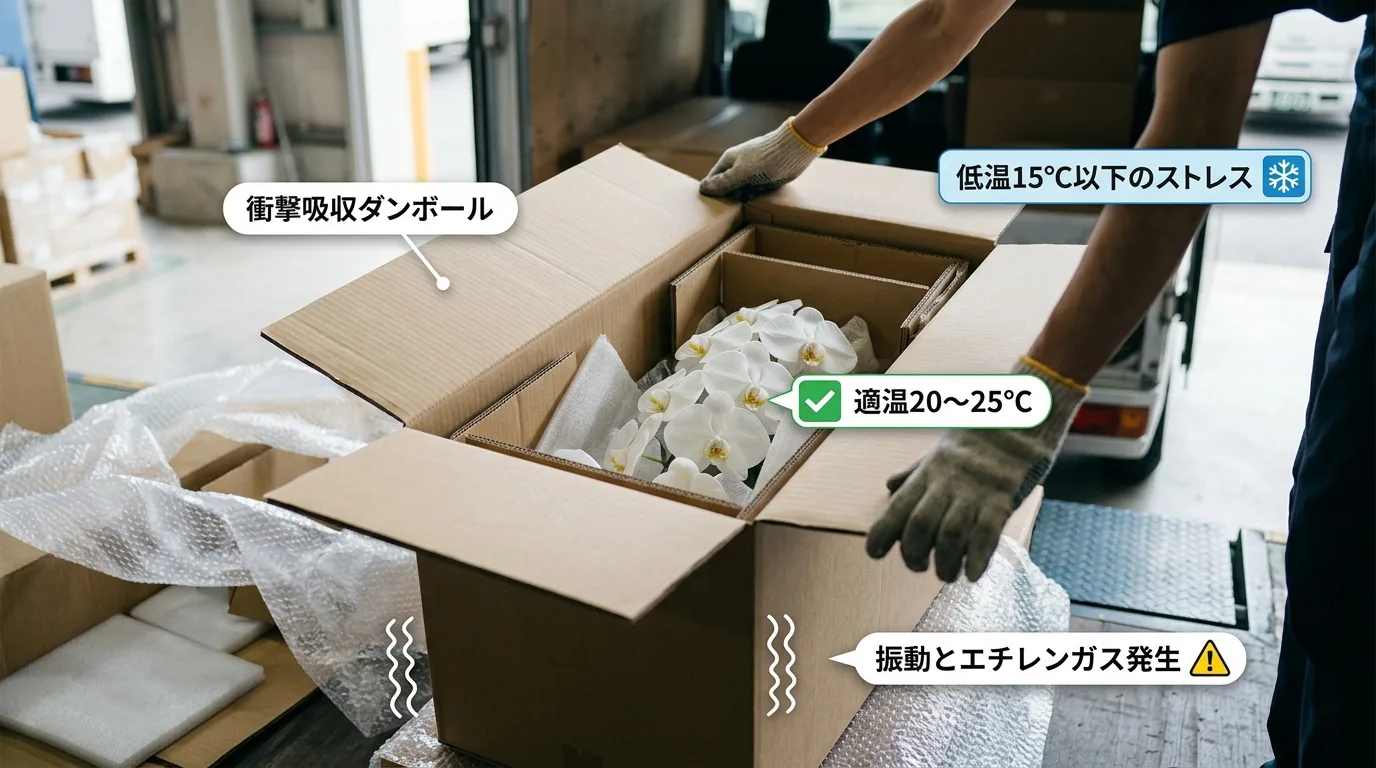 輸送中の温度変化や振動によって胡蝶蘭にエチレンガスが発生し老化が進む仕組みを示す解説図