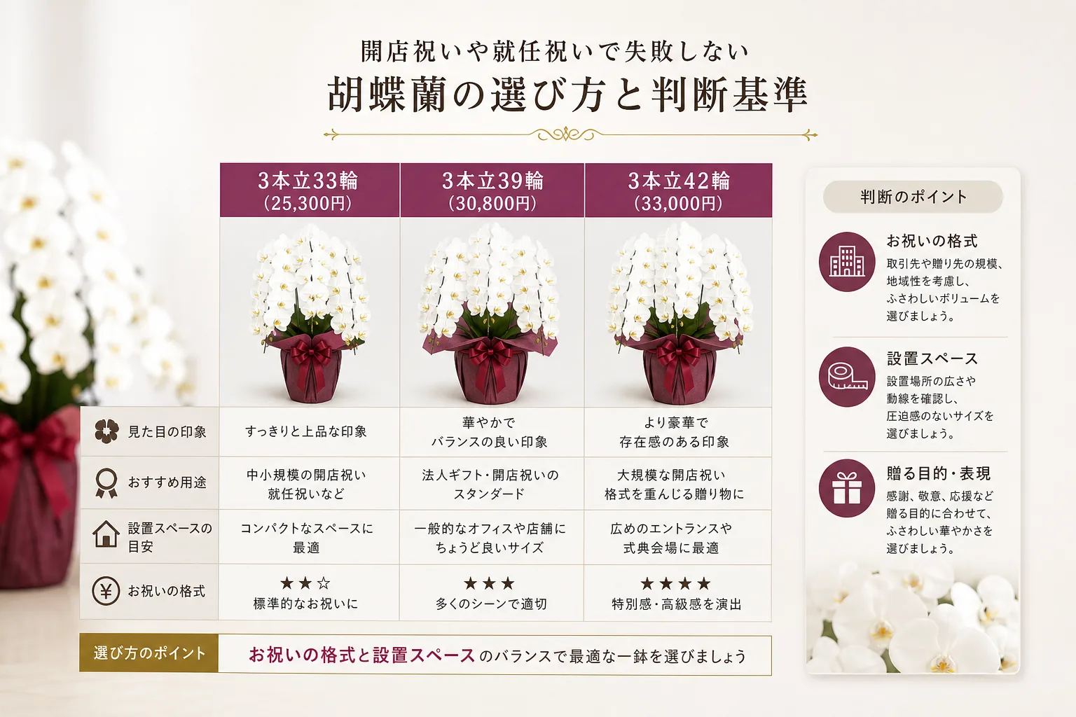 ビジネスのお祝い用途に応じた胡蝶蘭の輪数と価格相場のグレード比較チャート