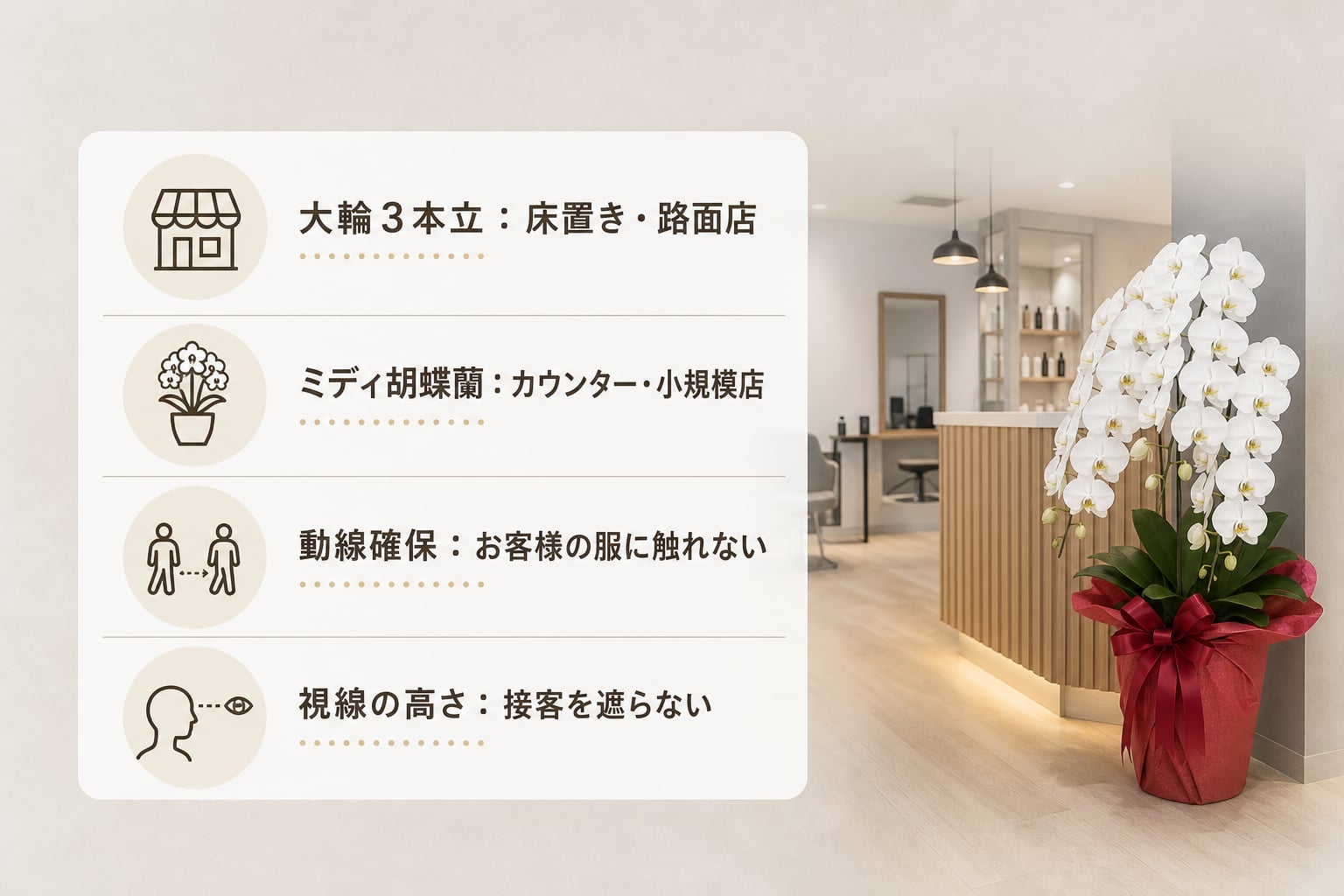サロンの内装や作業動線を妨げない胡蝶蘭のサイズはどう選ぶ？