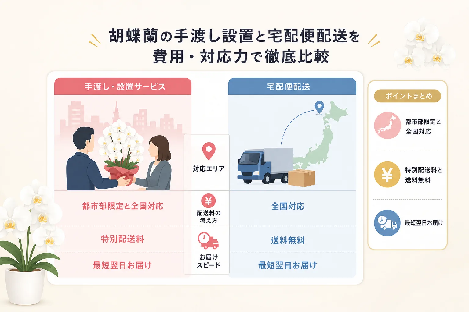 手渡し設置と宅配便配送における対応エリアの広さと追加費用の違いを整理した比較チャート