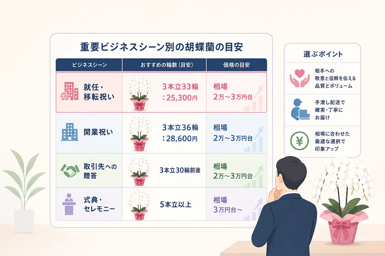 就任祝いや移転祝いで選ばれる胡蝶蘭の本数、輪数、価格相場の目安をまとめたデータチャート