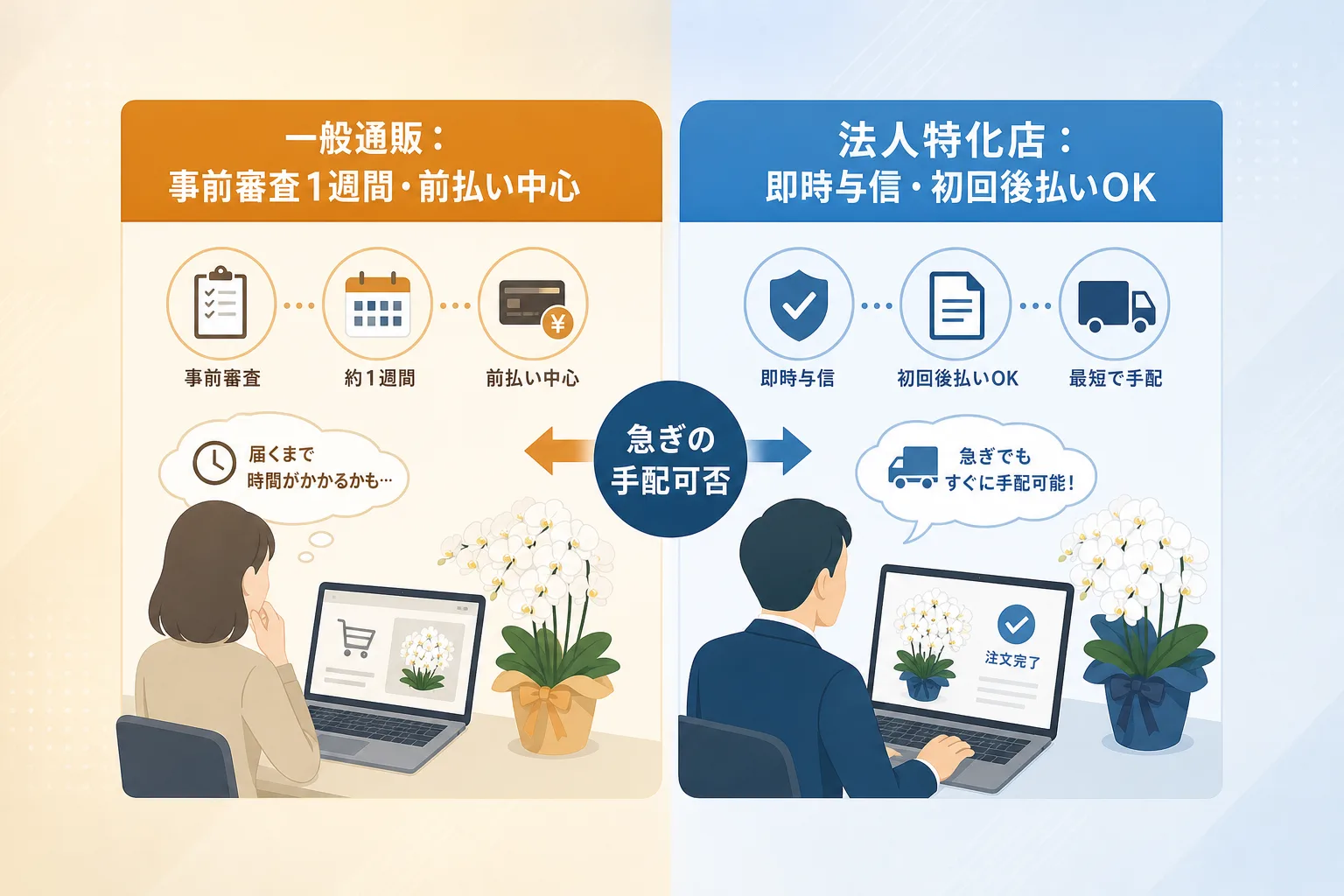 一般生花通販と法人向け特化ショップの初回審査期間や決済条件の違いを左右で比較した表