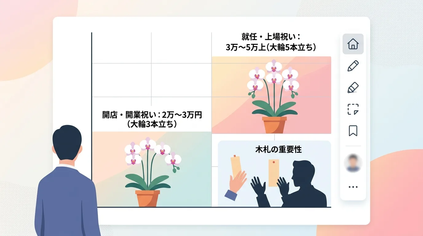 開店祝いと就任祝いで異なる胡蝶蘭の価格相場と推奨される本数・輪数を示したインフォグラフィック