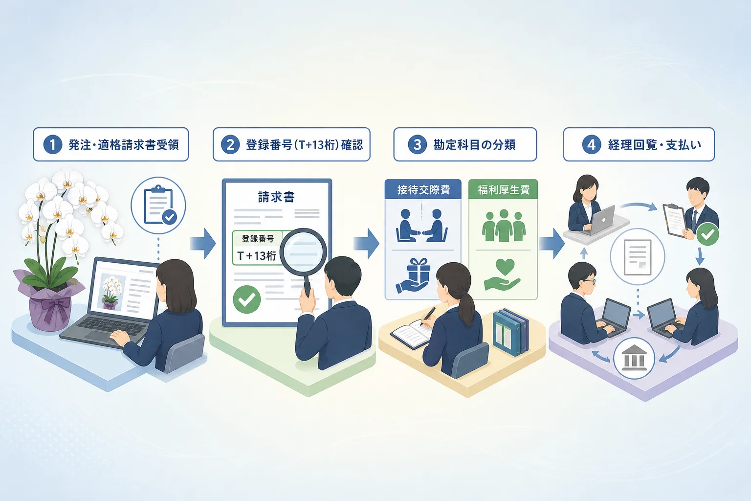 胡蝶蘭の注文からインボイス登録番号の確認と勘定科目計上を経て支払いを行うまでの経理手順フロー図