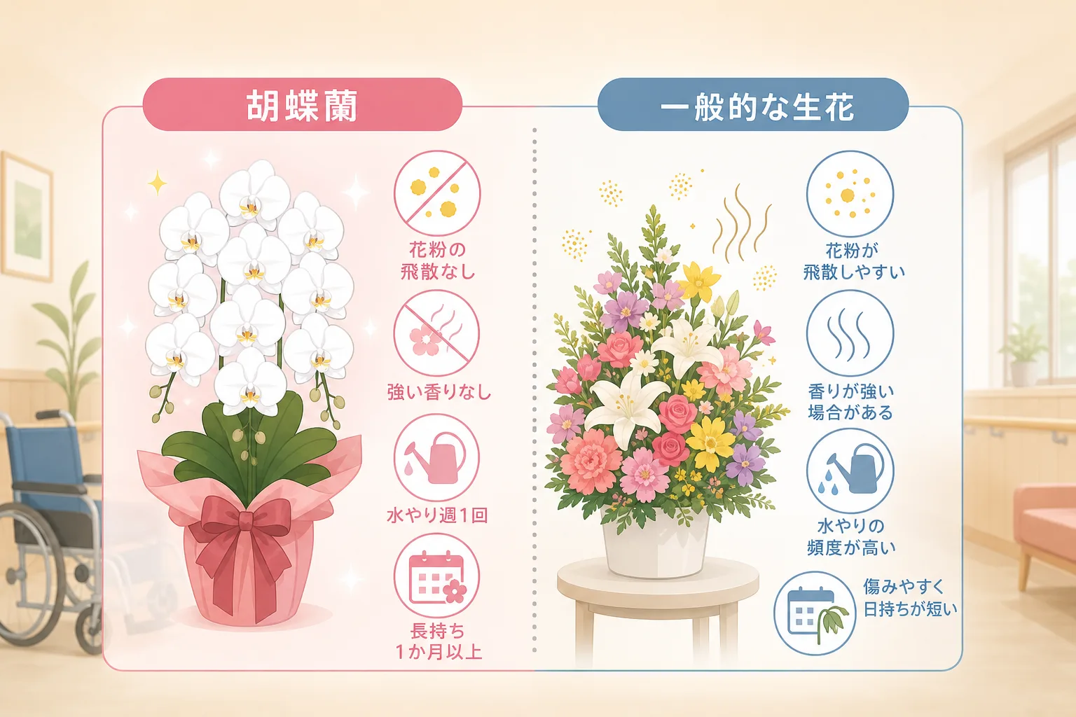 胡蝶蘭と一般的な切り花の花粉・香り・手入れの手間を左右で比較したインフォグラフィック表