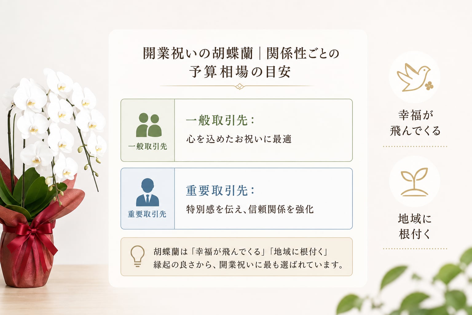 開業祝いに胡蝶蘭が選ばれる理由と失敗しない価格相場は？