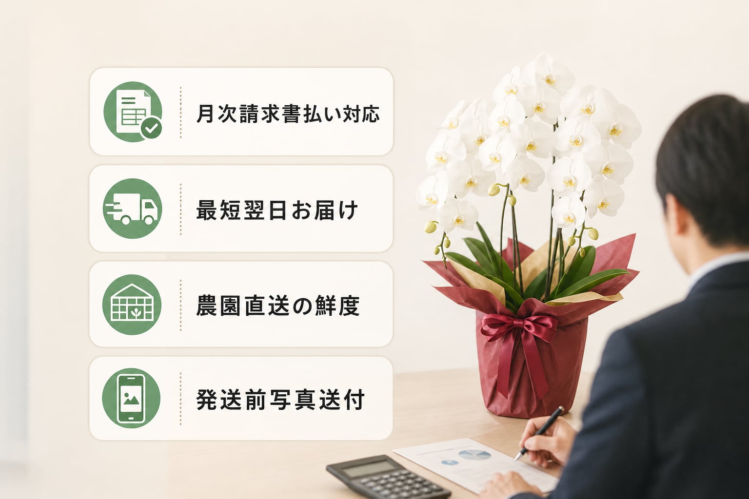 法人利用で便利な請求書払いや胡蝶蘭の配送を確認できる注文法は？