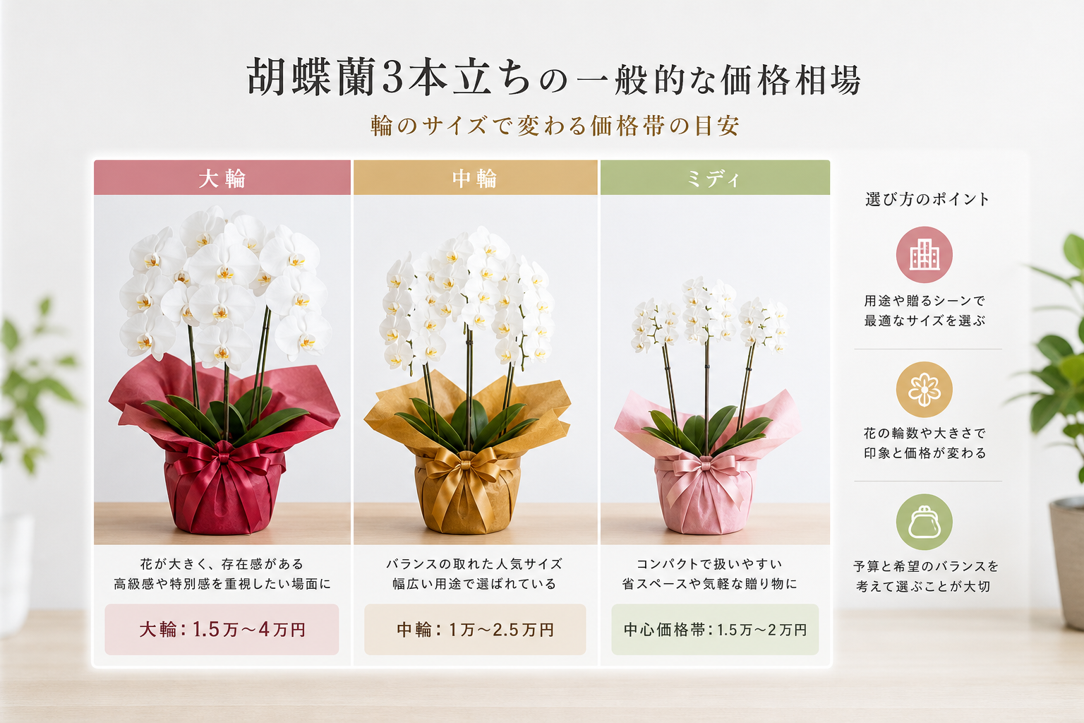 胡蝶蘭3本立ちの一般的な値段相場はいくらですか？