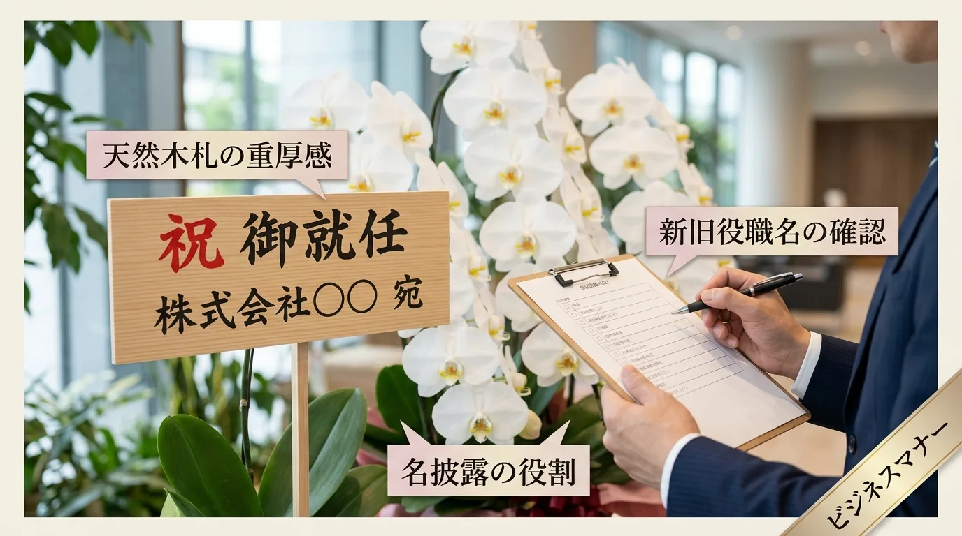 天然木で作られた立札の正しい記載例と新旧役職名の確認注意点を示した解説イラスト
