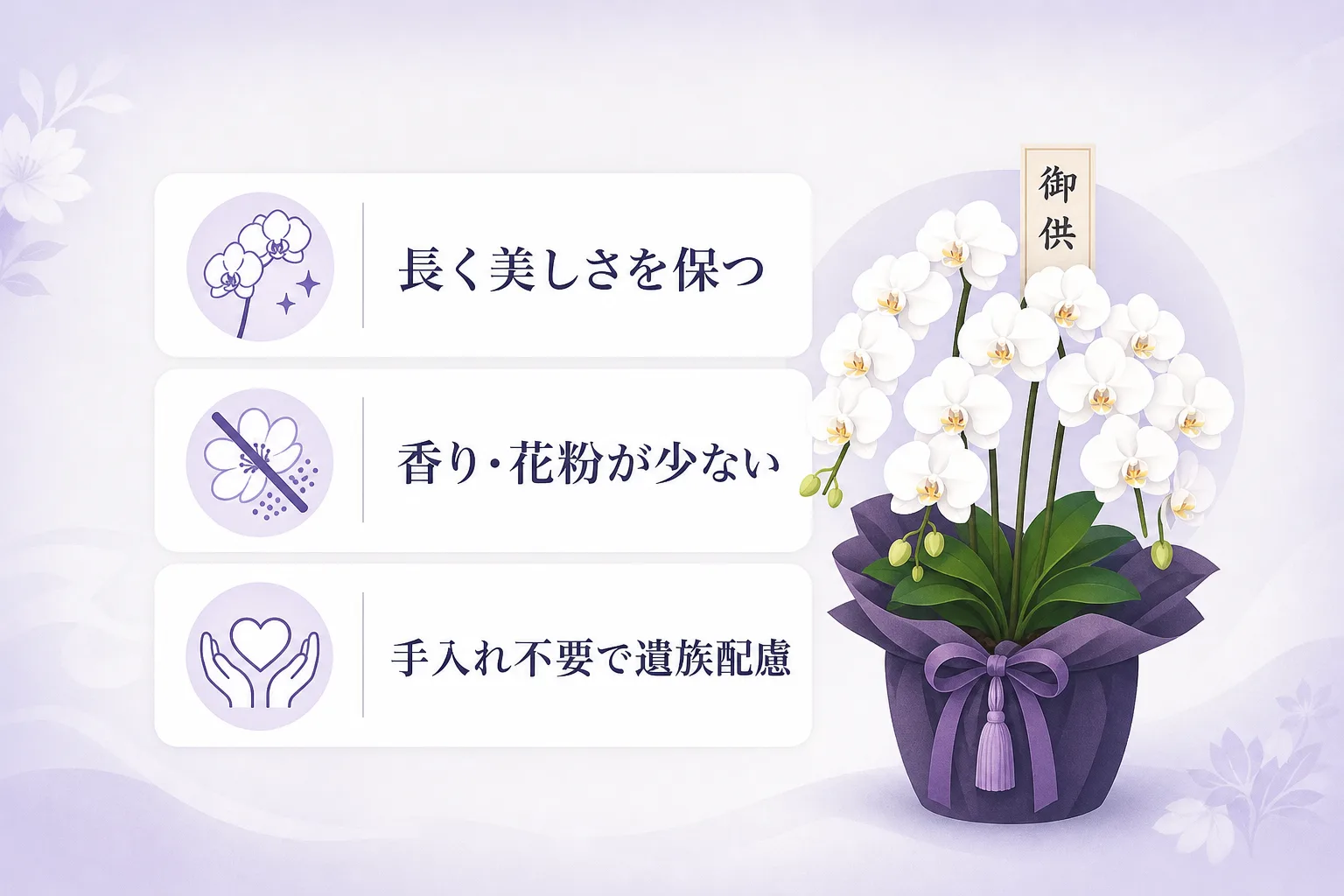 花粉が出ないことや日持ちする特徴など胡蝶蘭がお供えに選ばれる3つの理由を示すチェックリスト図