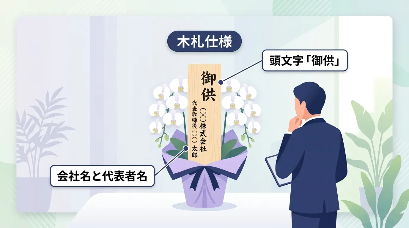 頭文字に御供と書かれ贈り主の企業名と代表者名が正しく配置された木製立札のレイアウト見本図