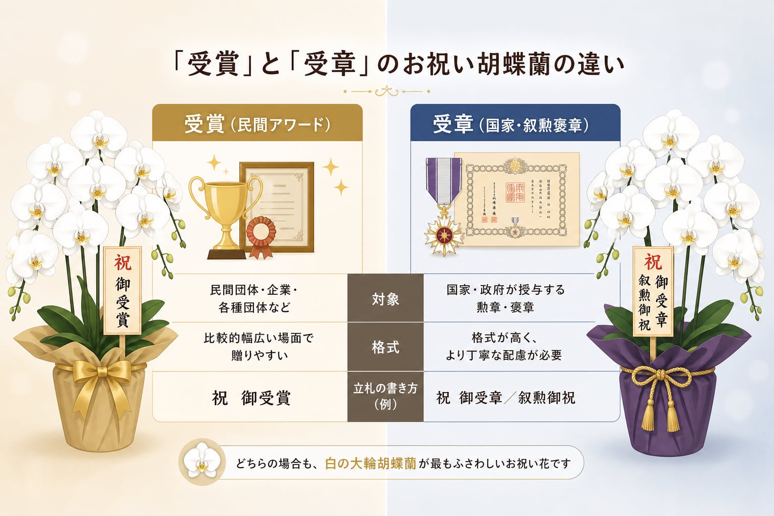 受賞」と「受章」のお祝い胡蝶蘭にはどのような違いがあるのか？
