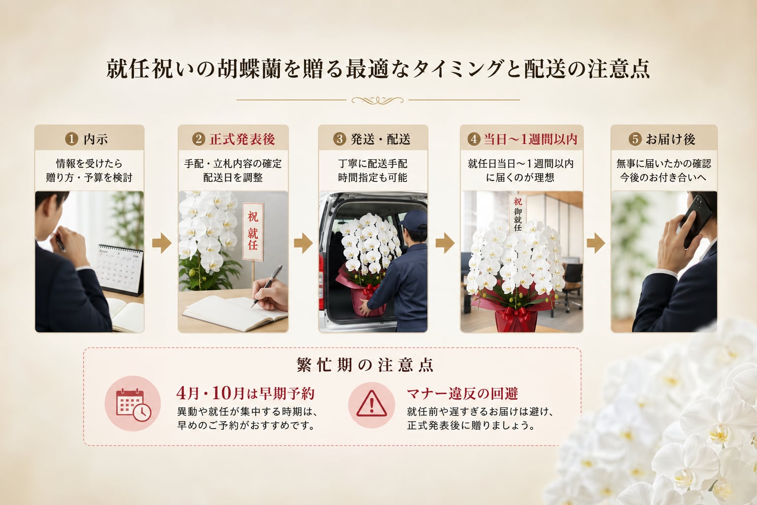 就任祝いの胡蝶蘭を贈る最適なタイミングと配送の注意点は？
