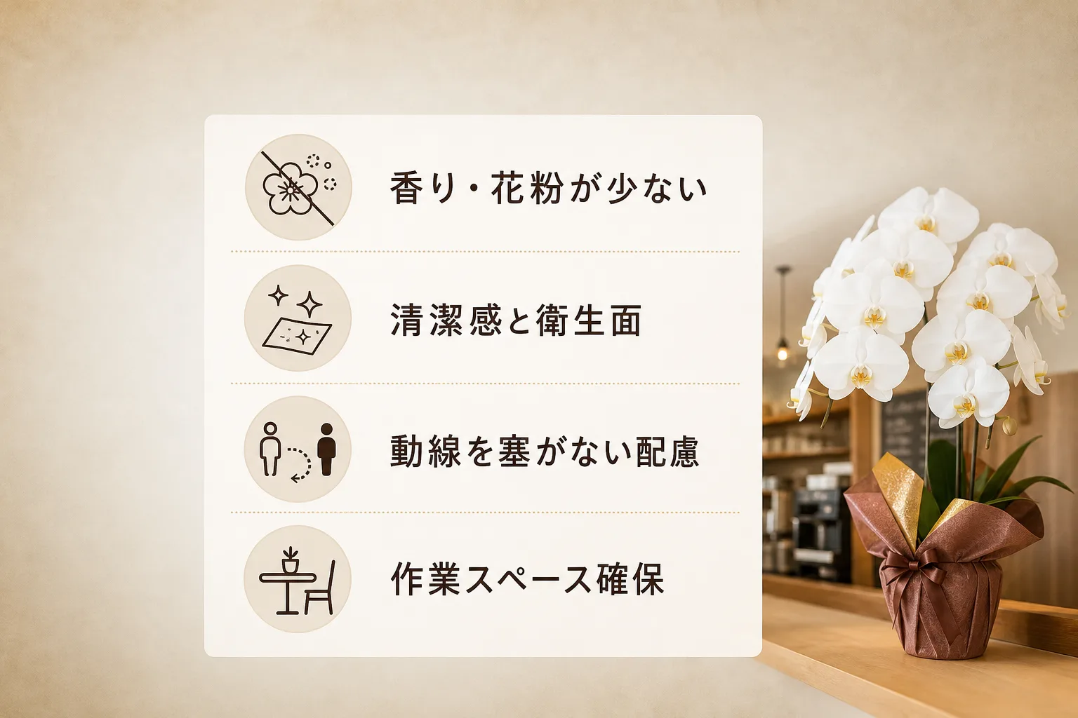 花粉や香りの少なさと通路動線の確保ポイントを整理したアイコンチェックリスト