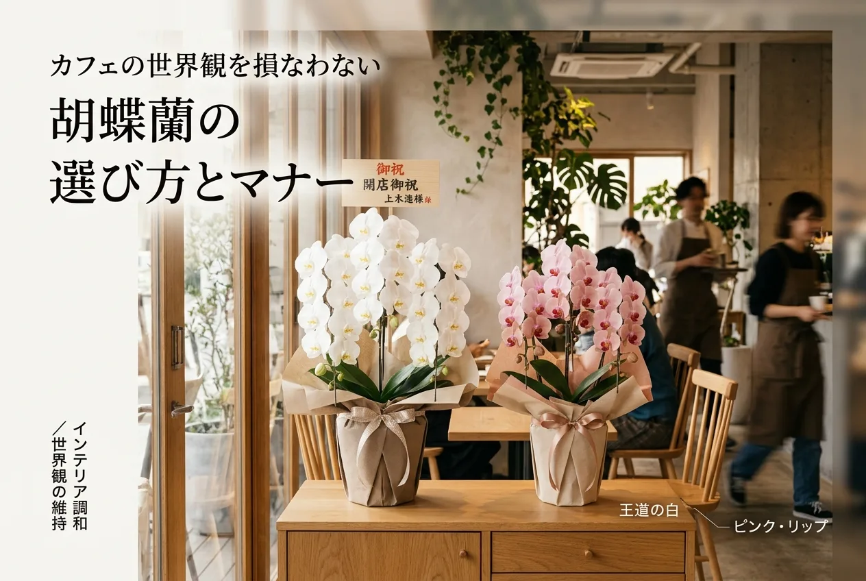 木目調の明るいカフェ店内に自然に馴染む白と淡いピンクのミディ胡蝶蘭