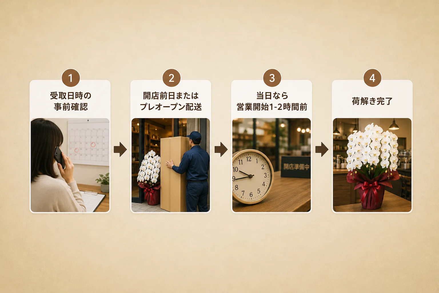 事前確認から開店前日納品までのスムーズな配送スケジュールを示したフロー図