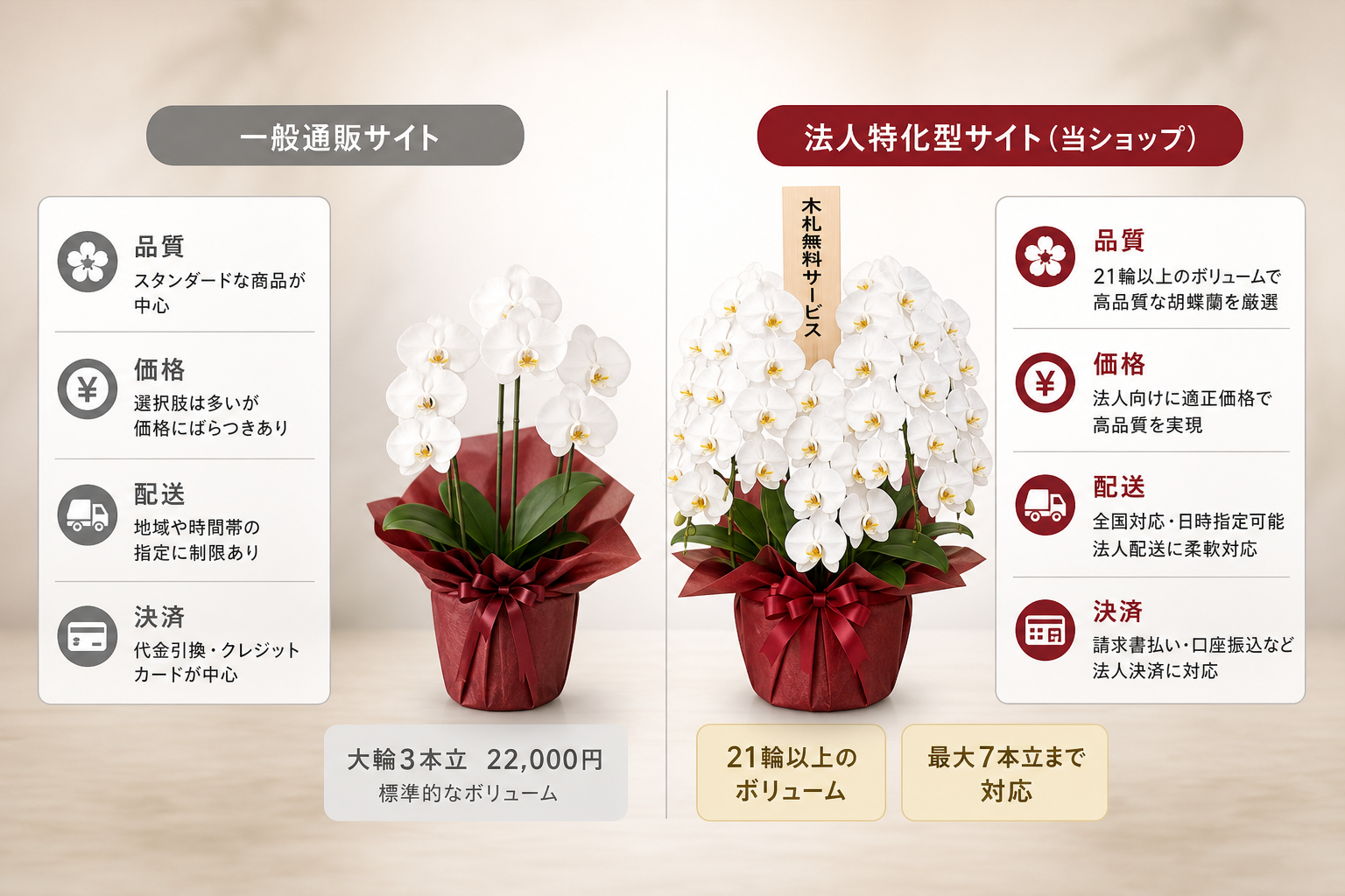 法人向け胡蝶蘭通販サイトを「品質・価格・配送・決済」で比較するとどうなるか？