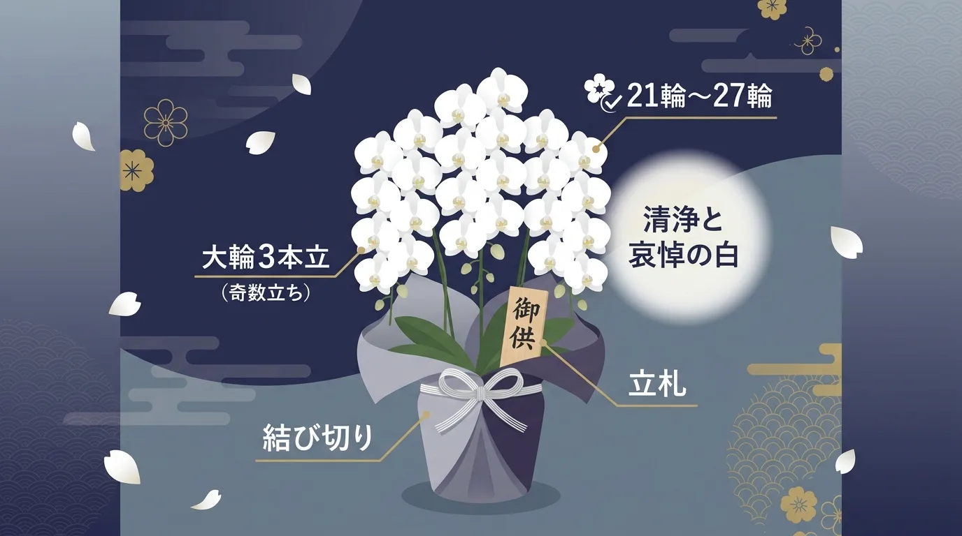 品格のある白の大輪胡蝶蘭3本立ちの規格と輪数の目安が分かりやすく描かれた解説イラスト