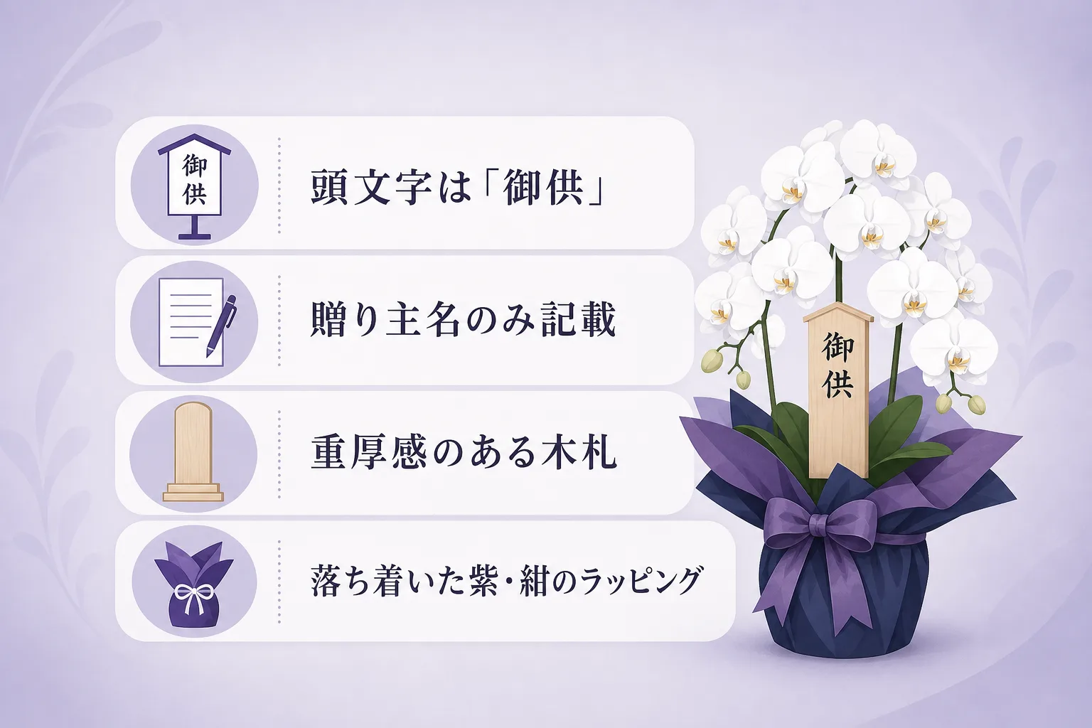 「御供」の文字と自社名が入った本木札の記載例や弔事用ラッピングの注意点を示したチェックリスト図解