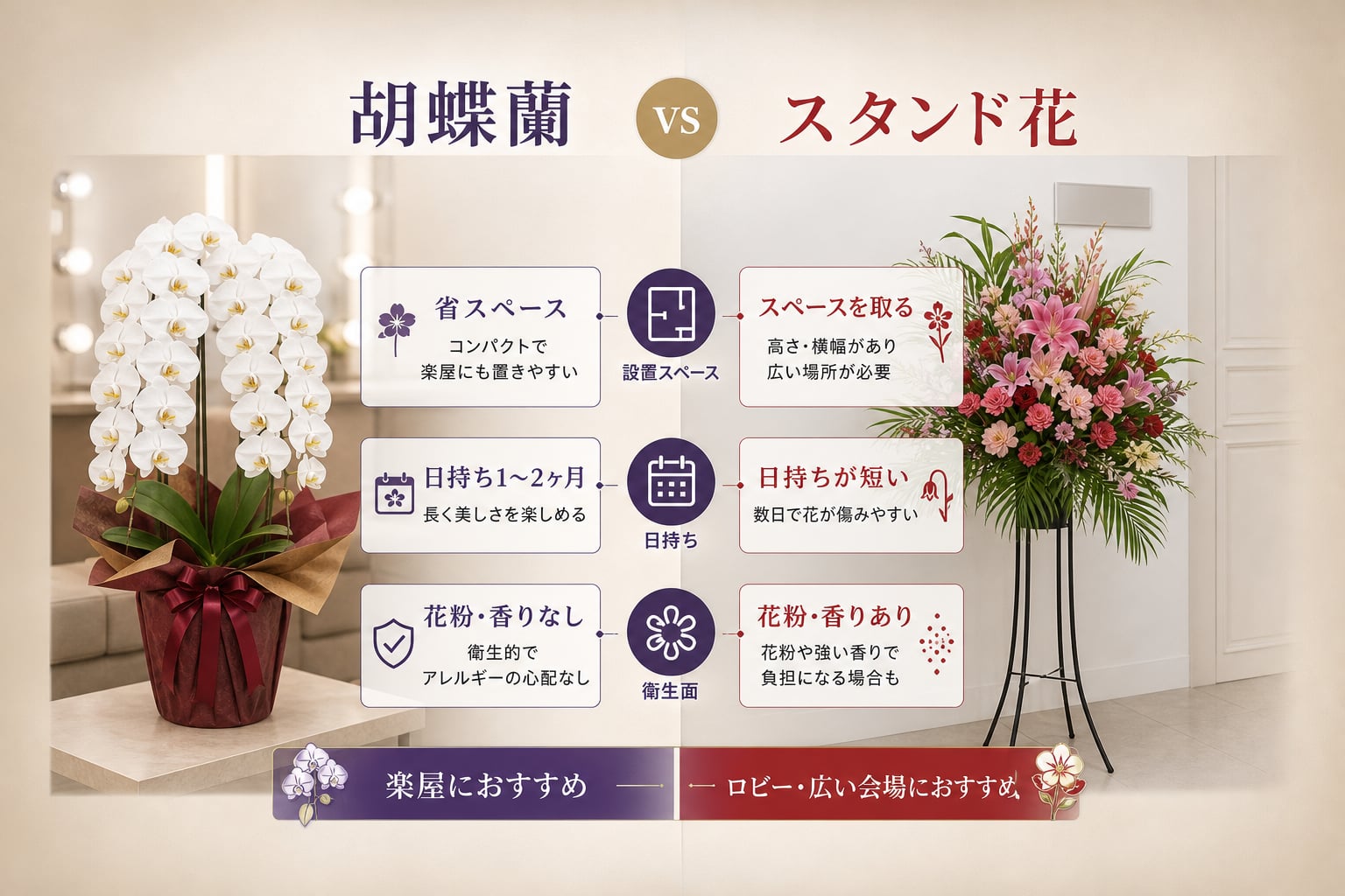 楽屋花には胡蝶蘭とスタンド花のどちらが適しているか？