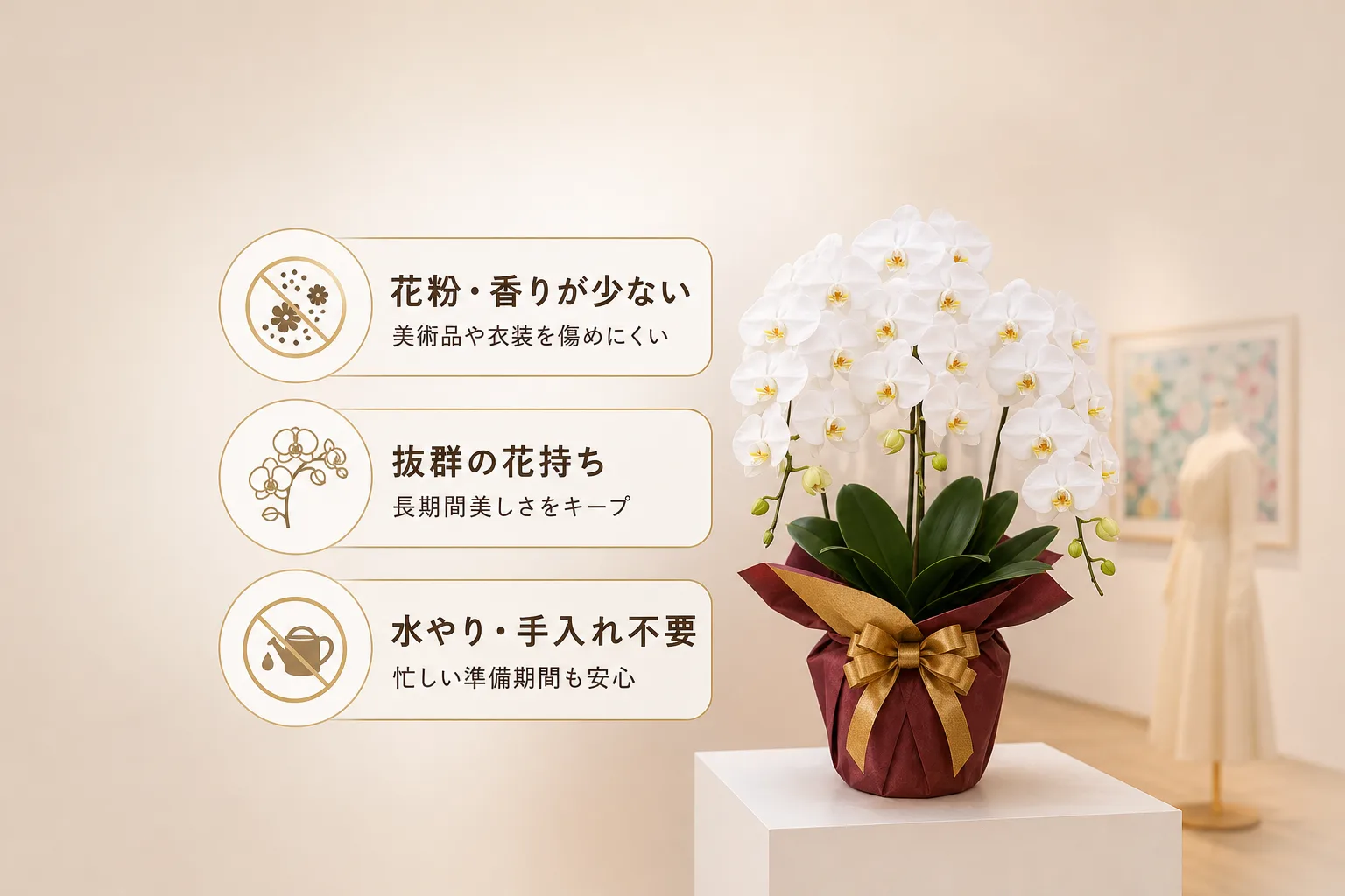 展示作品を汚さない花粉なしアイコンや長持ちする特徴を示したチェックリスト図