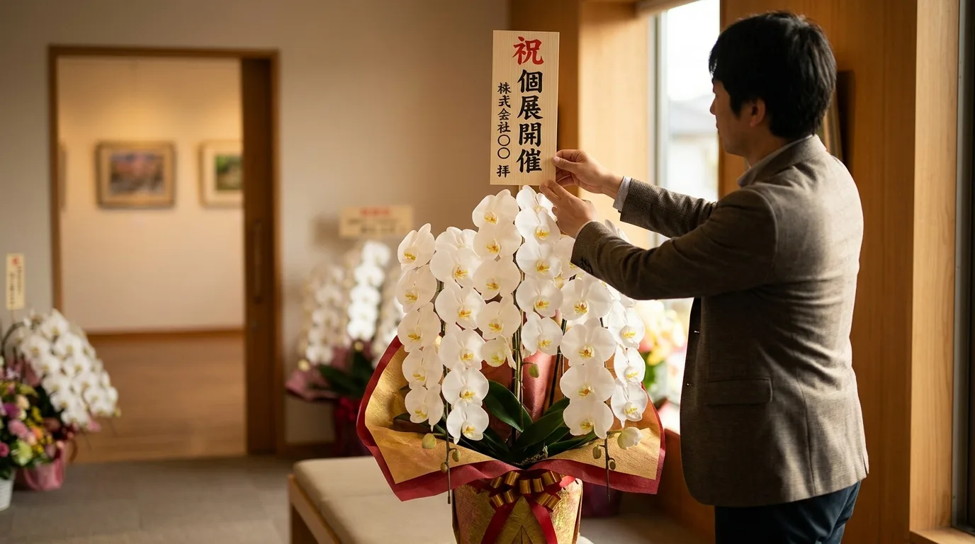 「祝 個展開催」と記された上質な木札が添えられ、会場前に綺麗に並ぶ白い胡蝶蘭