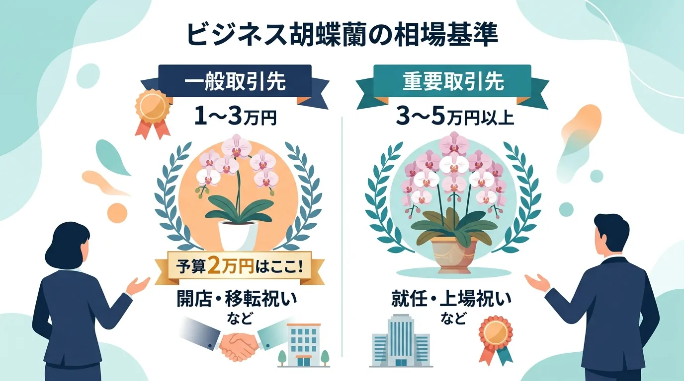 オフィスの開店祝いと就任祝いで贈られる胡蝶蘭の相場基準を関係性ごとに分類した概念図