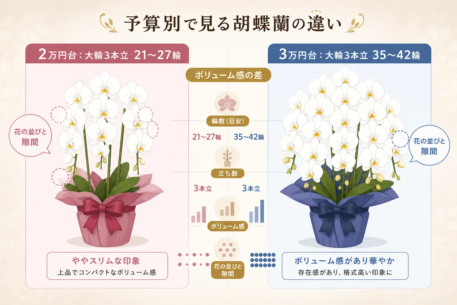予算2万円台と3万円台の胡蝶蘭について、本数・輪数・サイズ感の違いを比較した表のイラスト