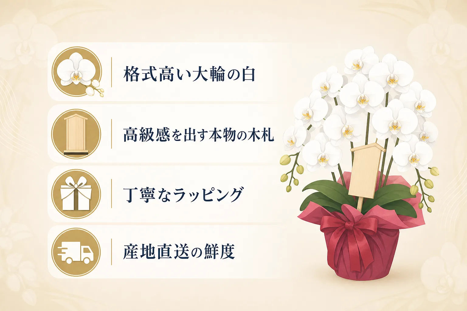 大輪の白花や木札の選択など、見劣りしない胡蝶蘭選びの重要ポイントを並べたチェックリスト