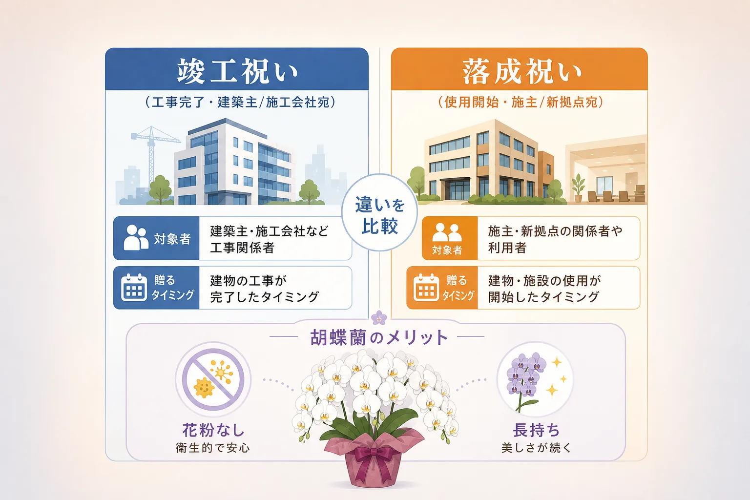 竣工祝いと落成祝いの目的や対象者、胡蝶蘭が選ばれる理由を整理した比較表イラスト