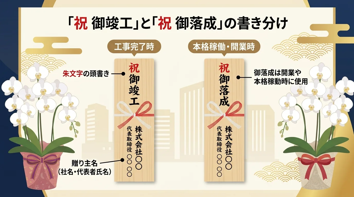 胡蝶蘭に添える木札の「祝 御竣工」と「祝 御落成」の書き分け例とレイアウト構成図
