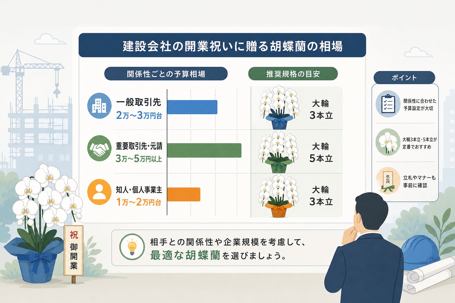 建設会社の開業祝いに贈る胡蝶蘭の相場はいくらか？