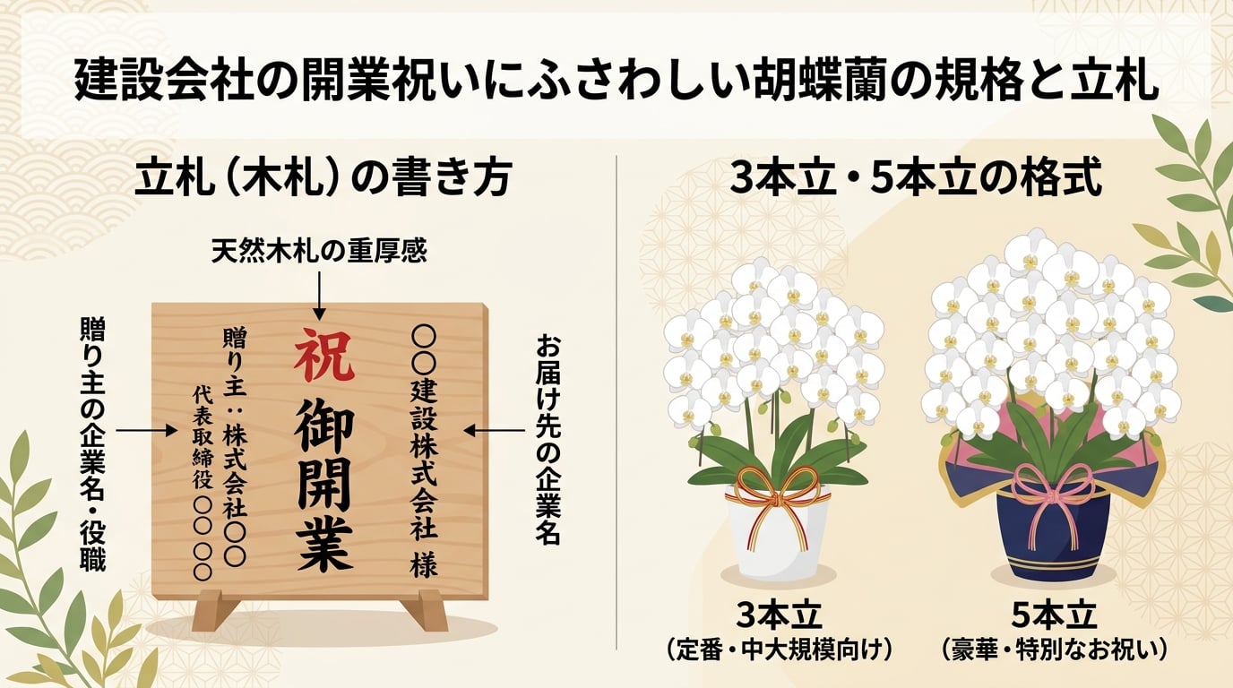 建設会社の開業祝いに適した胡蝶蘭の規格と立札の書き方は？