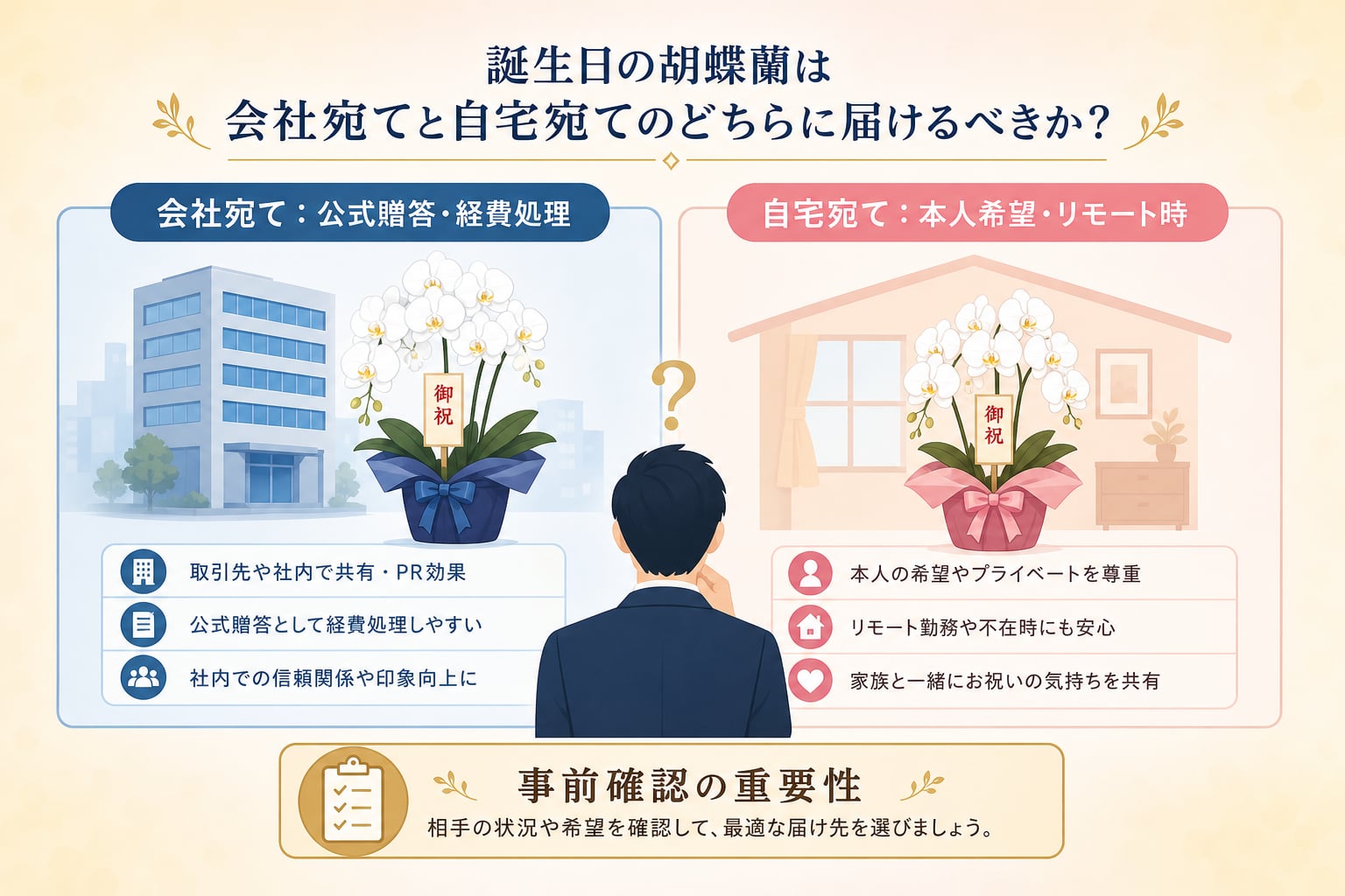 誕生日の胡蝶蘭は会社宛てと自宅宛てのどちらに届けるべきか？