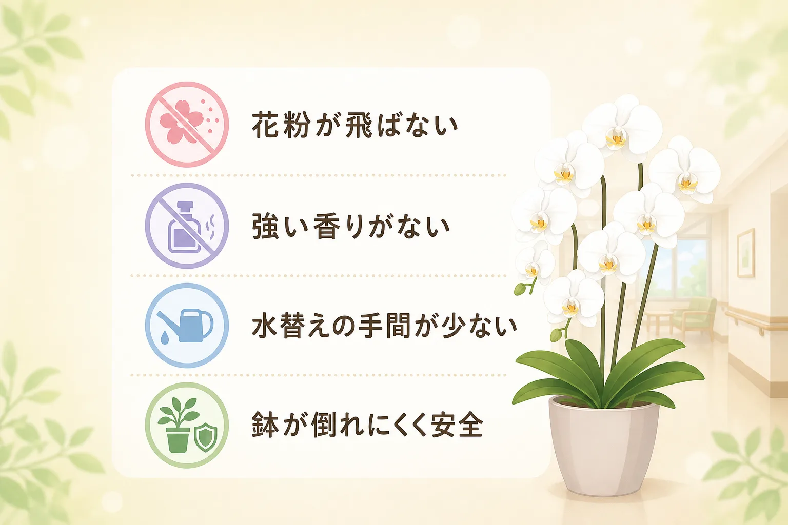 花粉ゼロや手入れの手間軽減など、デイサービスで胡蝶蘭が選ばれる理由を示す4つのアイコンと説明リスト