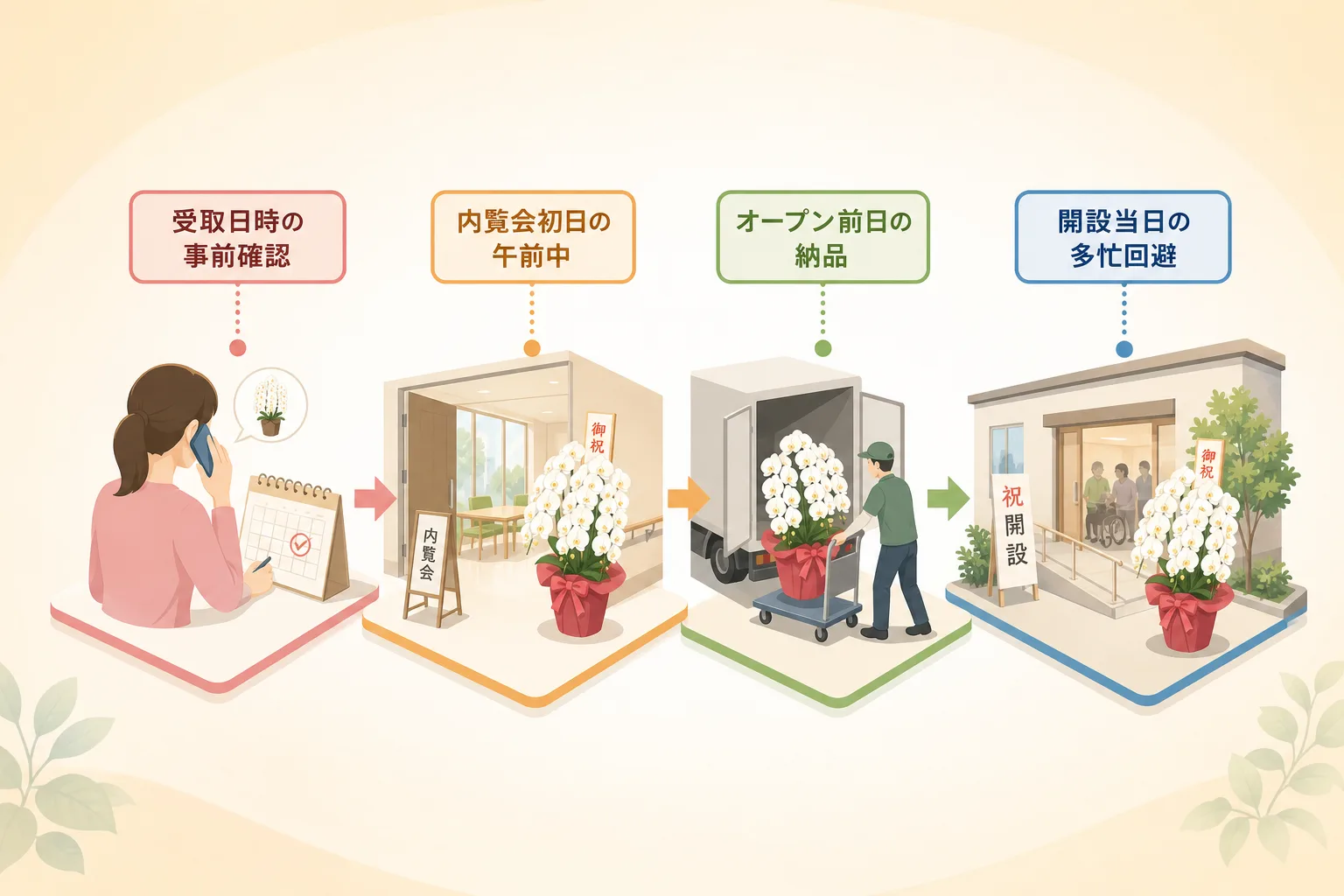 内覧会初日やオープン前日など、デイサービス開設祝いを届けるベストな納品時期を示したスケジュール図