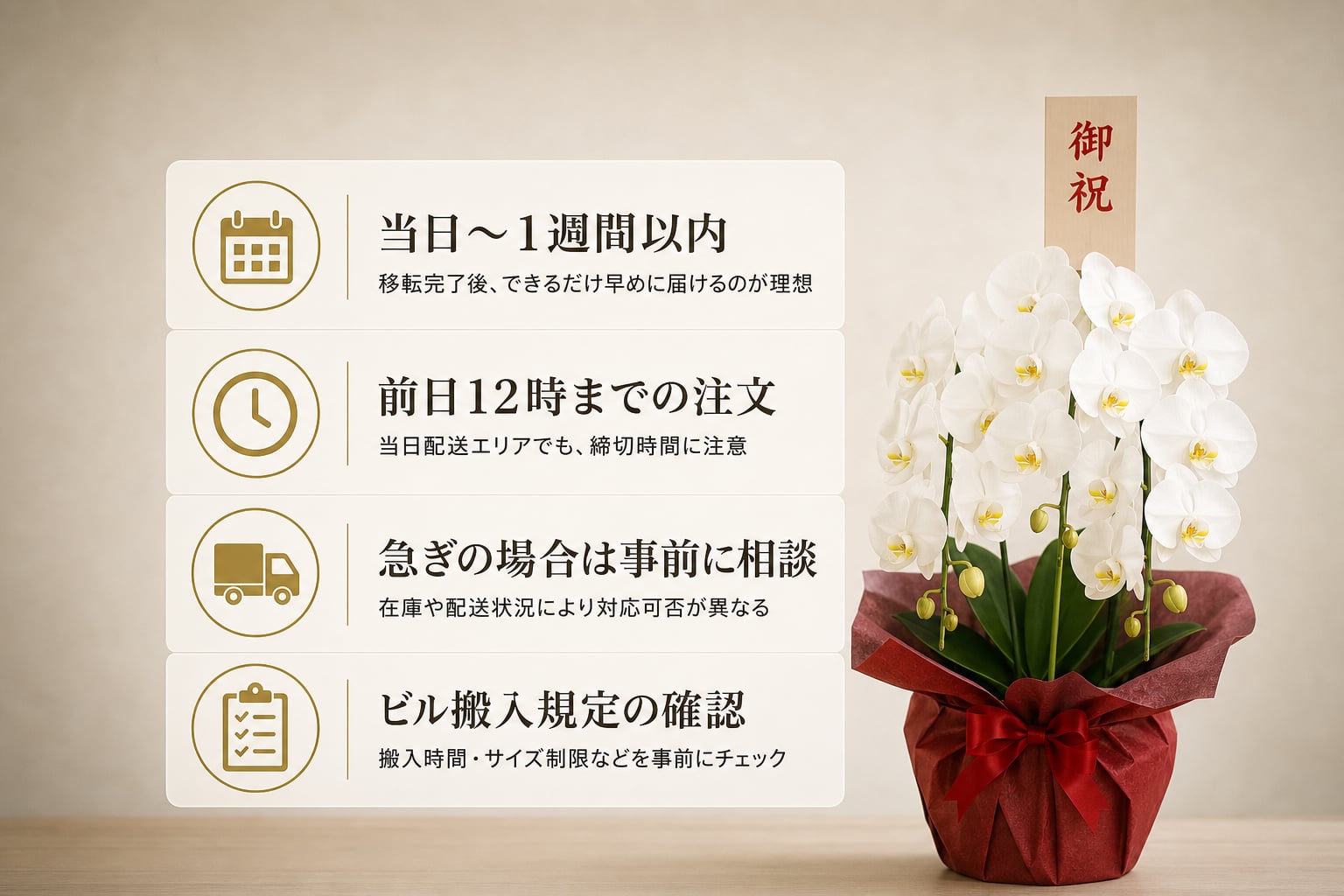 移転祝いの胡蝶蘭を贈る最適なタイミングと立札のサイズは？