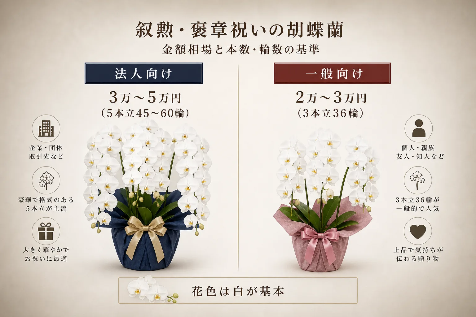 法人用と個人用の胡蝶蘭の相場価格や本数、輪数の基準が一目で比較できる整理された一覧表の図